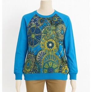 DG2 Diane‎ Gilman Top Womens M Blue Multicolor Graphic Print Long Sleeve Boho